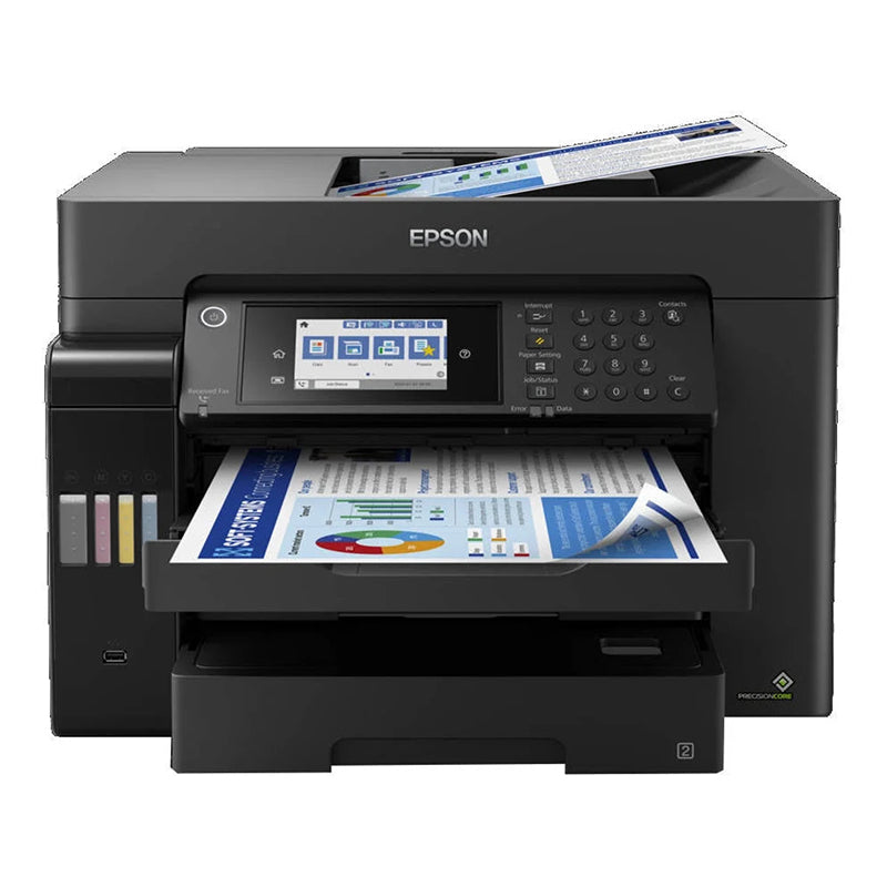 Epson EcoTank ET-5800 multifunction printer with print, scan, copy, fax features, and eco-friendly ink tank system, printing a document.