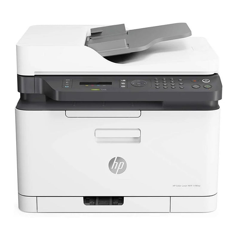 HP Color Laser MFP 179fnw multifunction printer, compact design supports printing, copying, scanning, faxing; mobile printing enabled.