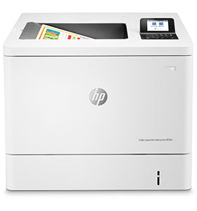 HP Color LaserJet Enterprise M554dn printer with touchscreen control panel and high print resolution, ideal for business use.