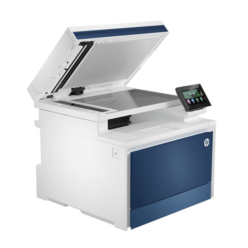 HP Color LaserJet Pro MFP 4303DW multifunction printer with open scanner lid, ideal for fast, high-volume office printing tasks.