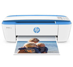 HP DeskJet 3720 printing a color photo, compact all-in-one inkjet printer for home and small office use, featuring wireless capabilities.