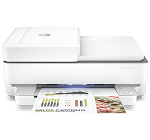 HP Envy Pro 6420 multifunction printer with automatic document feeder, printing a colorful page
