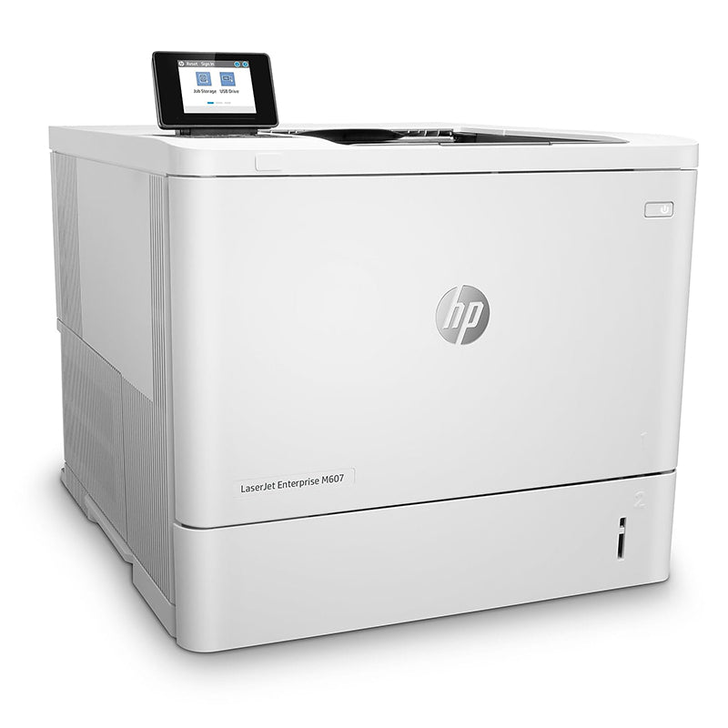 HP LaserJet Enterprise M607 monochrome printer, ideal for business use with high-volume printing, 55 ppm speed, 1200 dpi resolution.