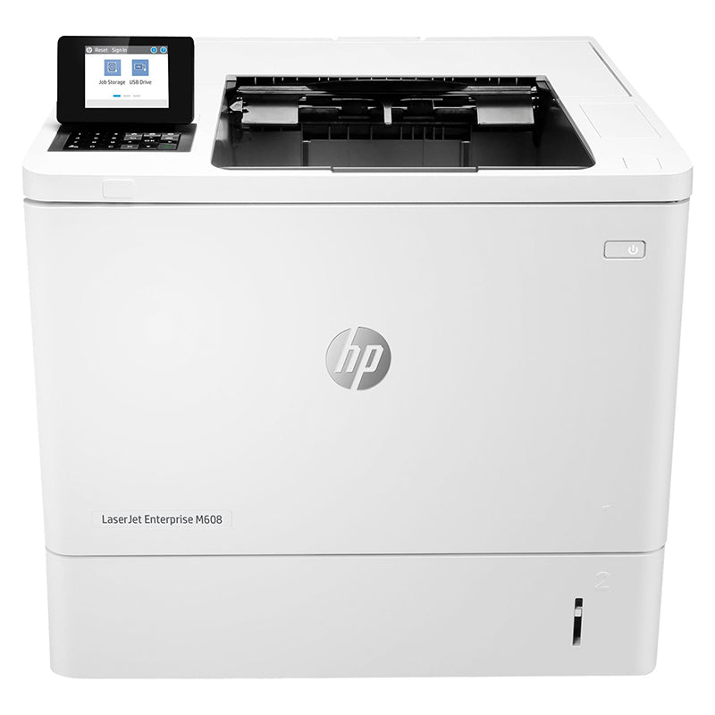 HP LaserJet Enterprise M608 monochrome printer with touch display for high-volume business printing.