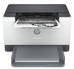 HP LaserJet M209DWE black and white printer with a printed sheet, showcasing its compact design and efficiency.