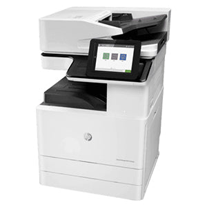 HP LaserJet Managed E72525 multifunction printer with touch screen, designed for high-volume office use, featuring print, copy, scan, and fax capabilities.