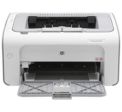 Front view of HP LaserJet P1102 compact monochrome printer, ideal for small offices with fast 18 ppm speed and high-quality output.