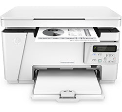 HP LaserJet Pro MFP M26nw multifunction printer with wireless connectivity, displaying printout, compact design.