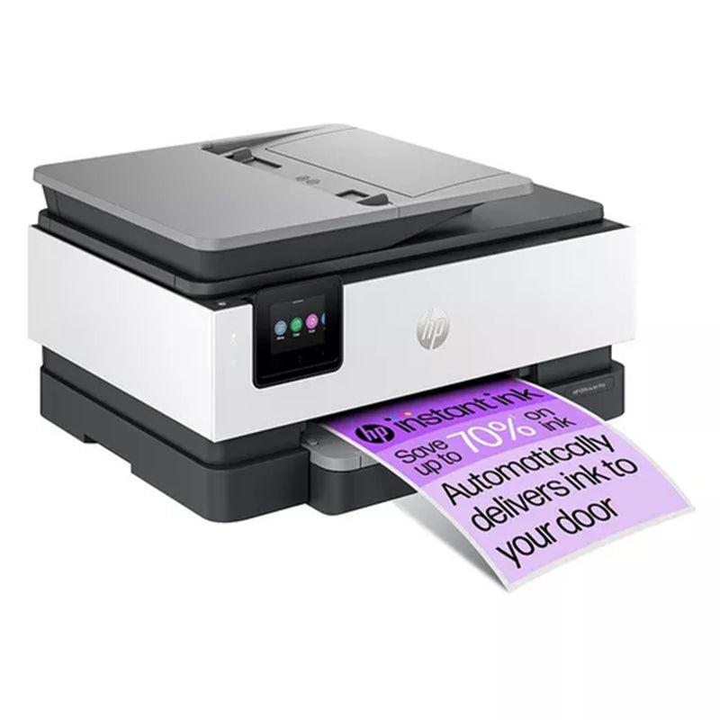HP OfficeJet Pro 8134E printer with wireless printing, duplex, and automatic document feeder, showcasing Instant Ink delivery.