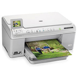 HP PhotoSmart C6380 multifunction inkjet printer with printing, scanning, and copying features, showcasing a photo printout.