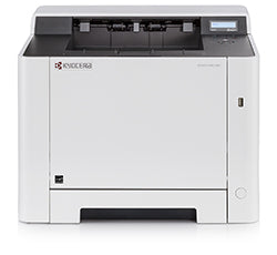 Front view of Kyocera Ecosys P5021cdw printer, featuring compact design, efficient performance, wireless connectivity, and duplex printing.