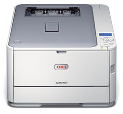 Oki C301dn color laser printer, compact design ideal for small offices, offers duplex printing and network integration.