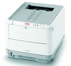 Oki C3300 compact color laser printer with high-speed printing, shown in a white design. Ideal for versatile media formats.