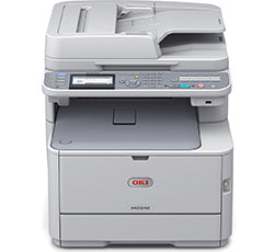 Oki MC342dn multifunction color printer with scan, copy, and fax capabilities, featuring duplex printing and 1200 x 600 dpi resolution.
