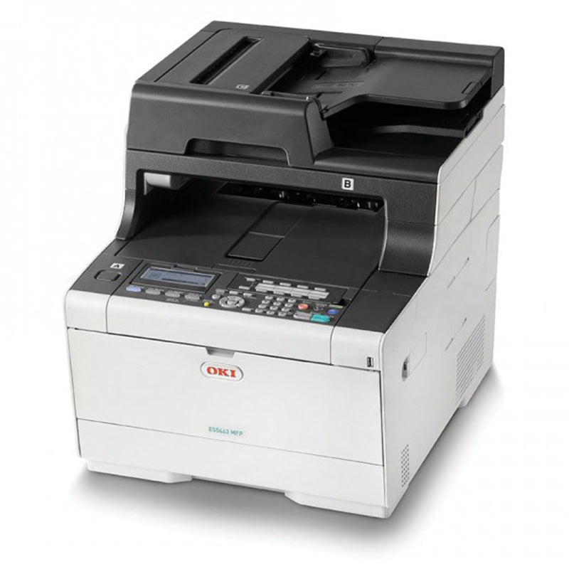 Oki MC563DN color laser printer with 30 ppm speed, duplex printing, and 1200x1200 dpi resolution, ideal for efficient office use.