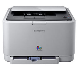 Front view of Samsung CLP-310 compact color laser printer with USB 2.0, ideal for quiet and efficient monochrome and color printing.