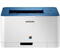 Samsung CLP-360 compact color laser printer with blue top, ideal for small offices, featuring easy operation and high-quality printing.