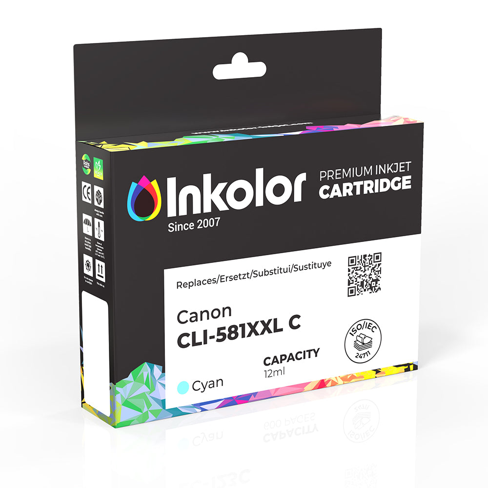 Canon CLI-581XXLC kompatible Tintenpatrone Cyan in Verpackung, hohe Druckqualität, bis zu 830 Seiten, lebendige Farben, effiziente Tintenpatrone.