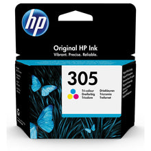 Cartuccia d'inchiostro HP 305 (3YM60AE) tricolore con design a farfalla e logo HP, ideale per stampe di alta qualità.