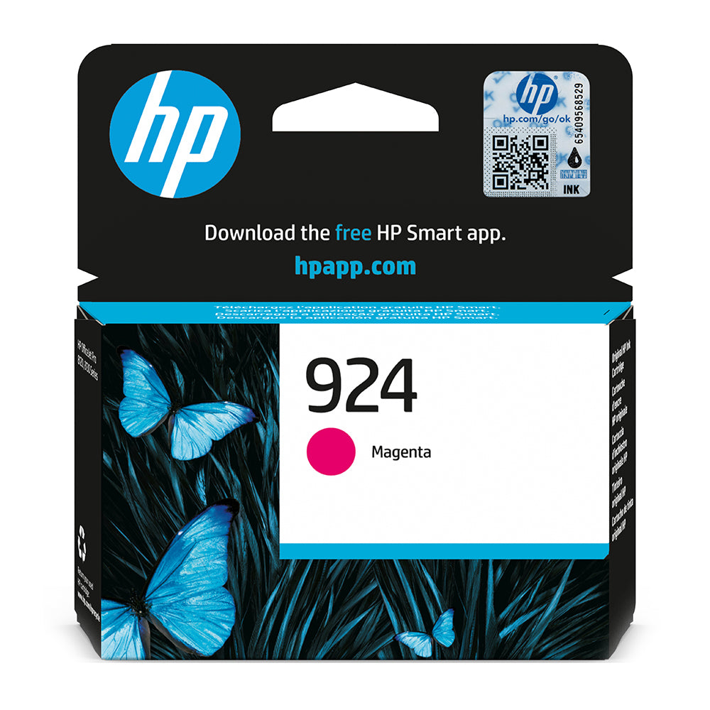 Confezione della cartuccia d'inchiostro HP 924 (4K0U4NE) Magenta con design a farfalla blu