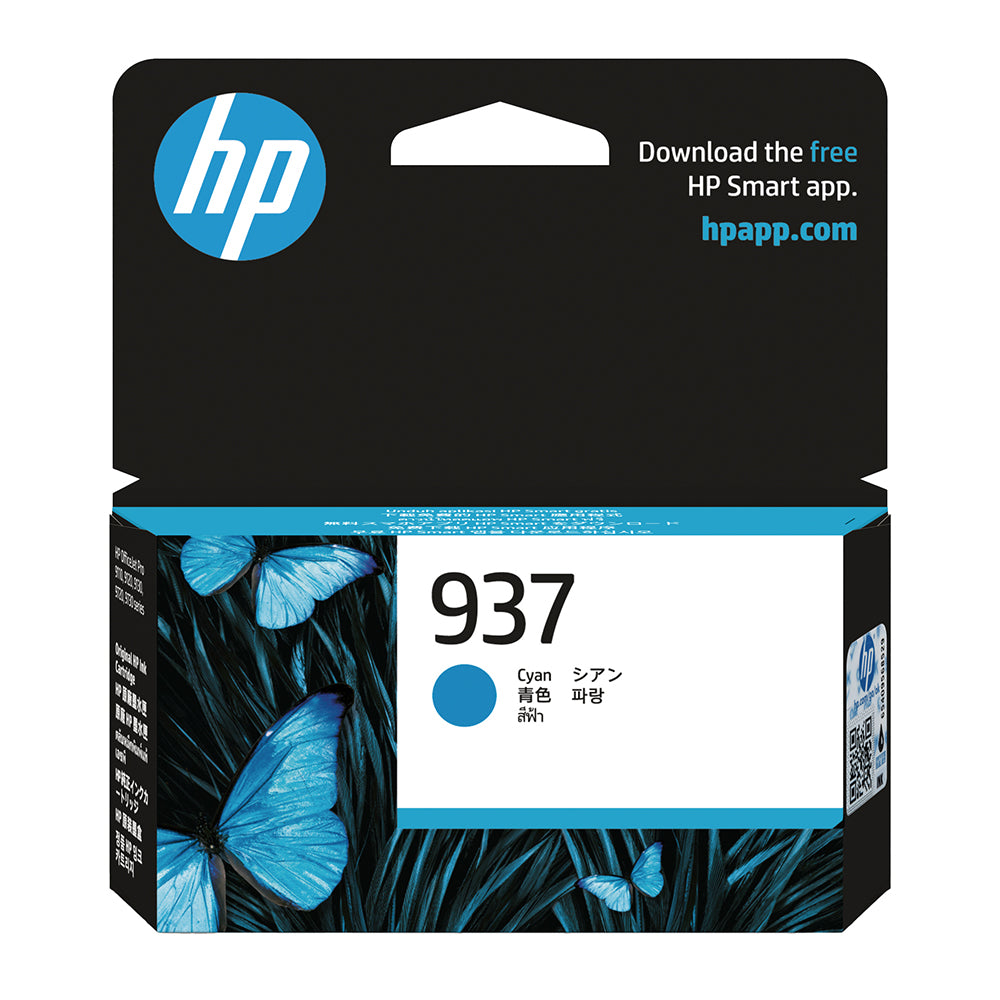 Confezione della cartuccia d'inchiostro HP 937 (4S6W2NE) ciano con design a farfalla blu
