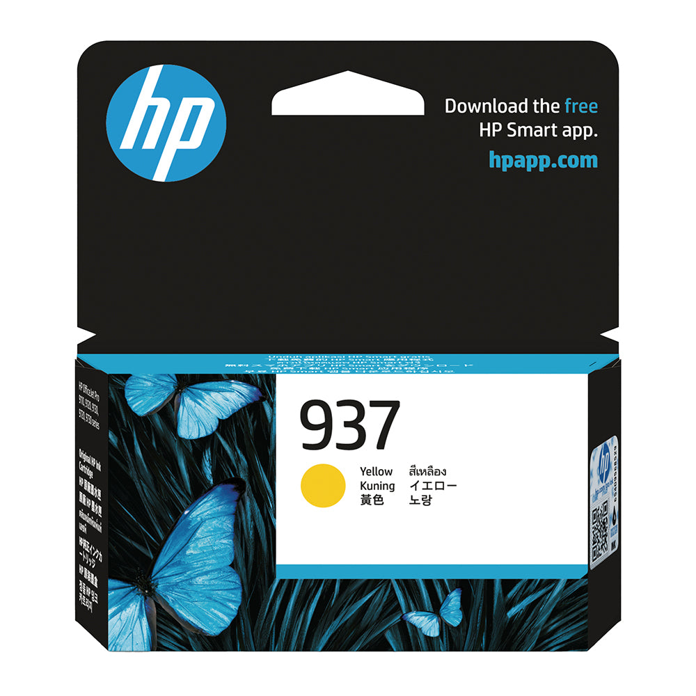 Confezione della cartuccia d'inchiostro gialla HP 937 con design a farfalla blu