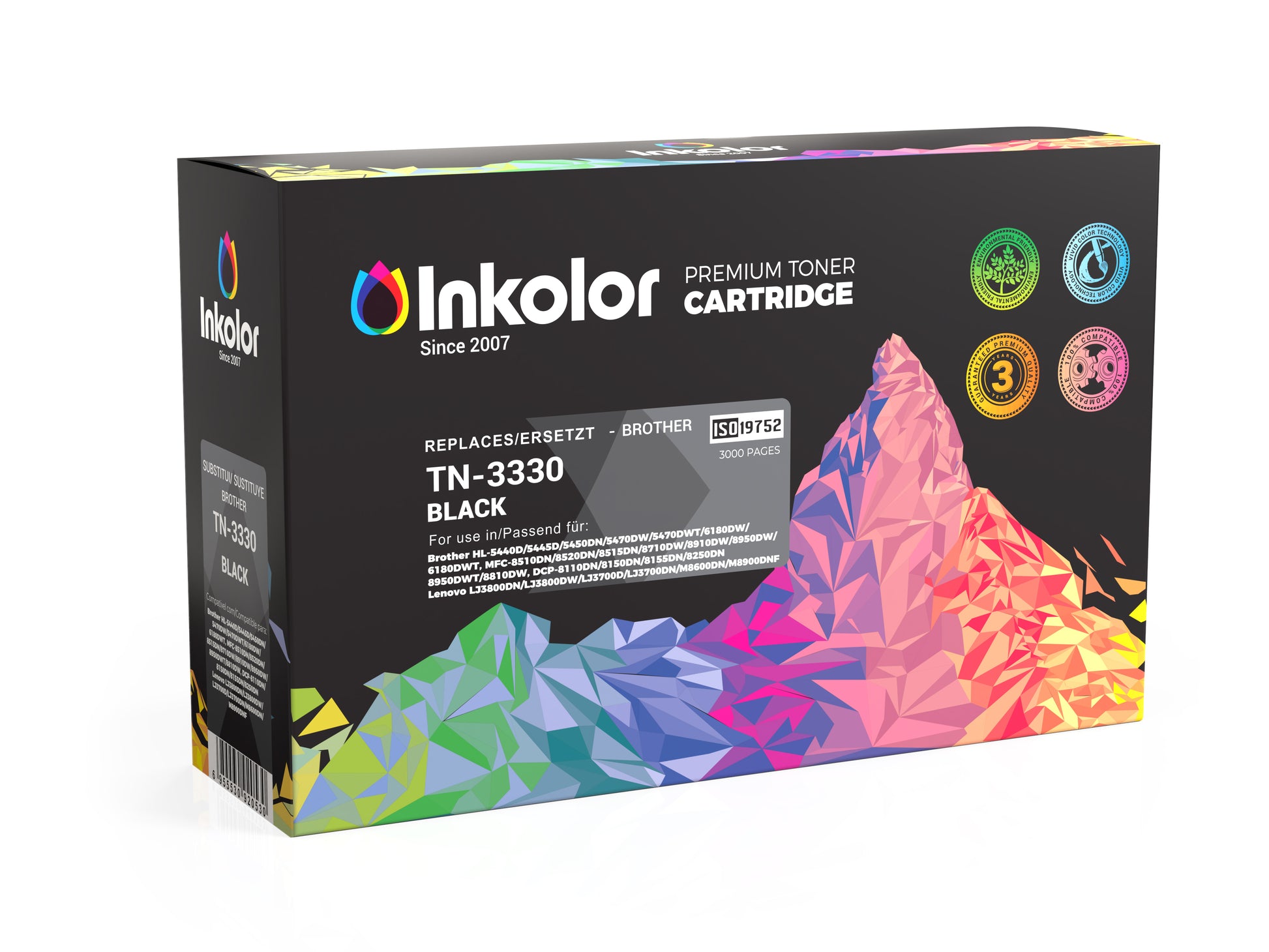 Inkolor Brother TN-3330 confezione di cartuccia toner nera con design geometrico colorato per stampe d'ufficio di alta qualità.