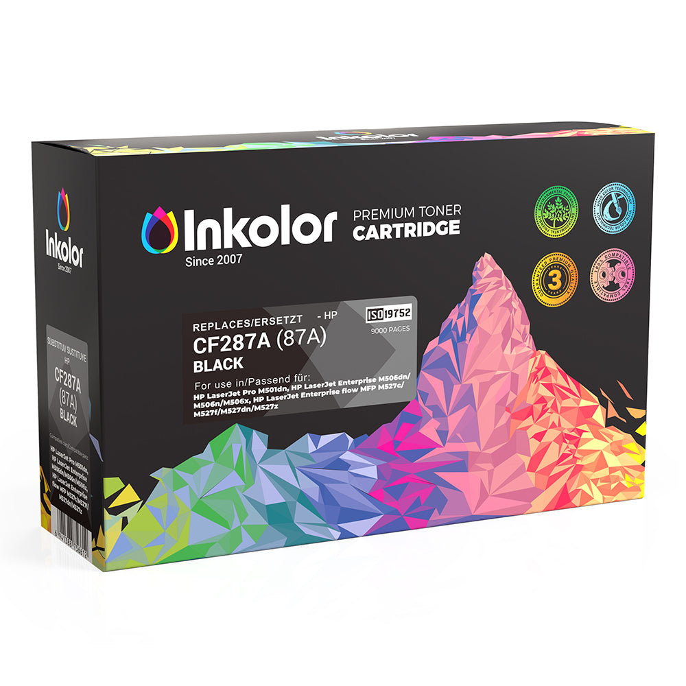 Toner HP 87A CF287A compatibile nero ad alta capacità, ideale per documenti professionali, certificato ISO, confezione inkcolor