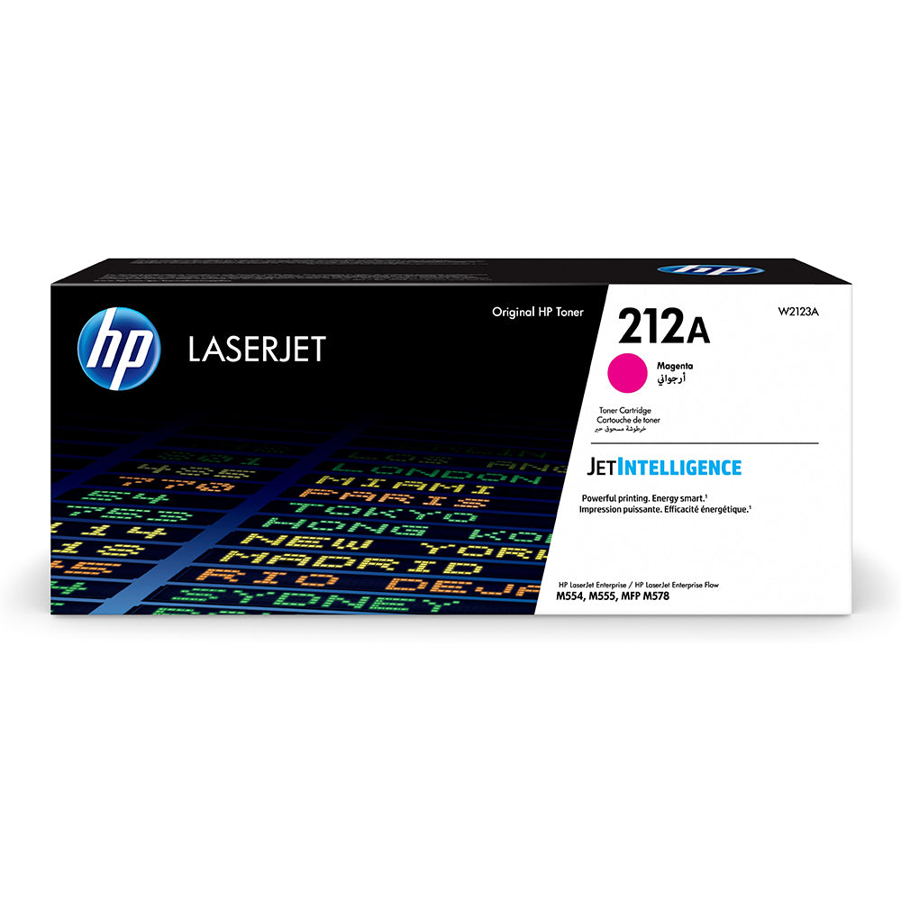 Scatola toner HP 212A W2123A compatibile magenta per LaserJet con JetIntelligence, alta qualità di stampa per documenti professionali.