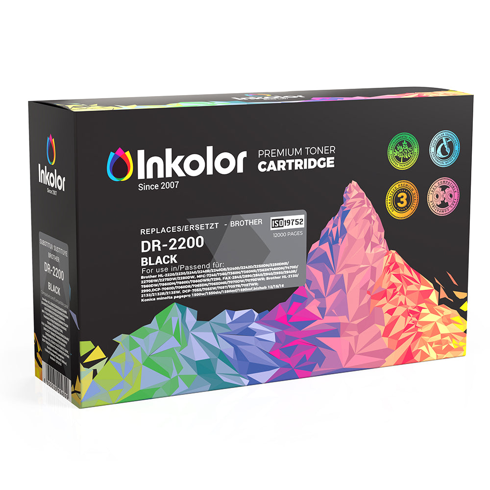 Scatola di cartucce toner premium Inkolor DR-2200 dal design vivace, compatibile con le stampanti Brother , nero, capacità 12.000 pagine.