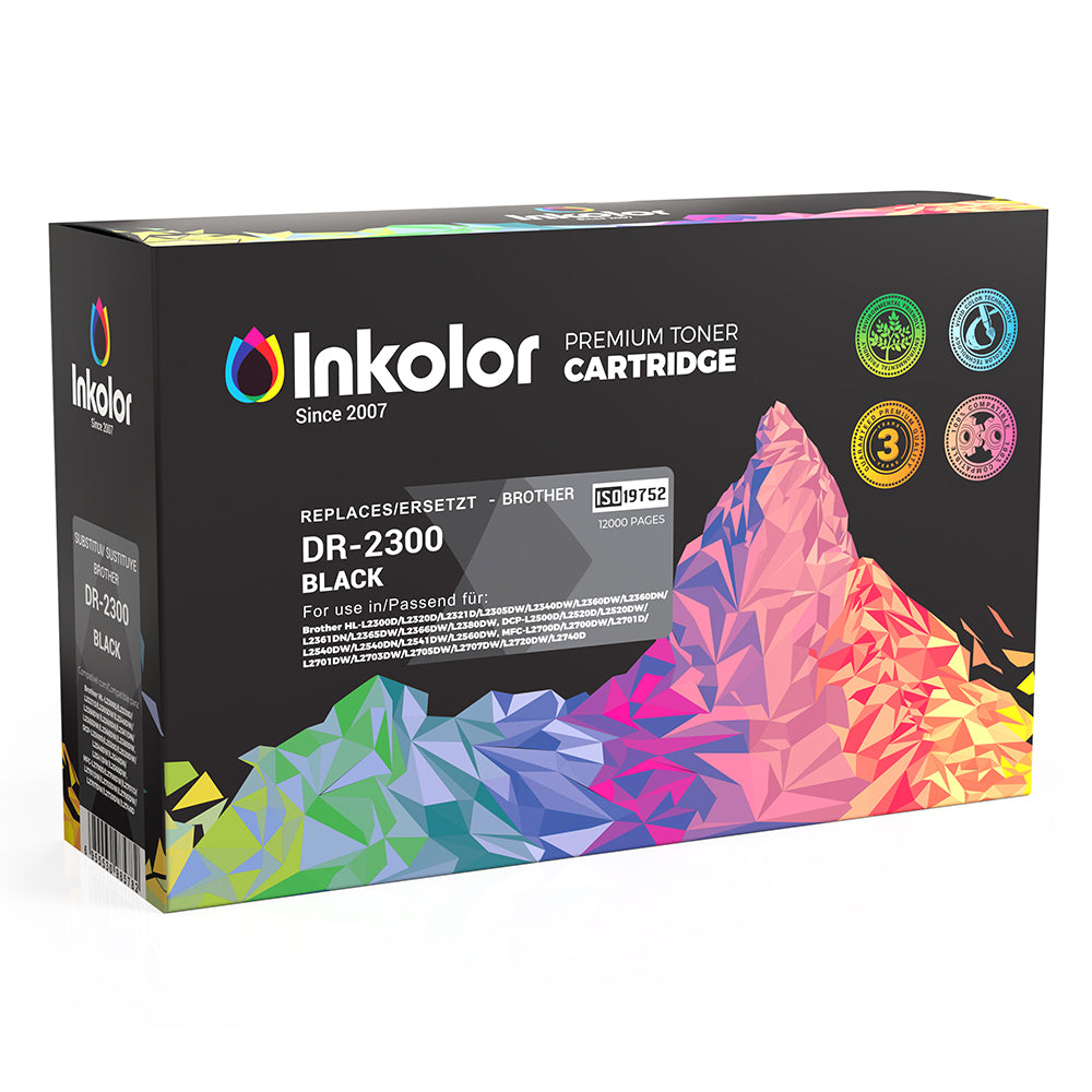 Confezione dell'unità tamburo Brother DR-2300 compatibile con design colorato, ideale per la stampa in ufficio e a casa, 12.000 pagine.