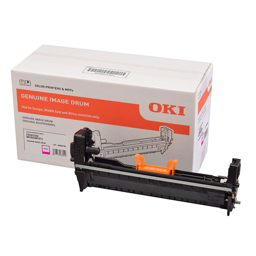 Oki 46484106 Tamburo immagine magenta per stampe nitide, vista scatola e tamburo, capacità fino a 30.000 pagine.