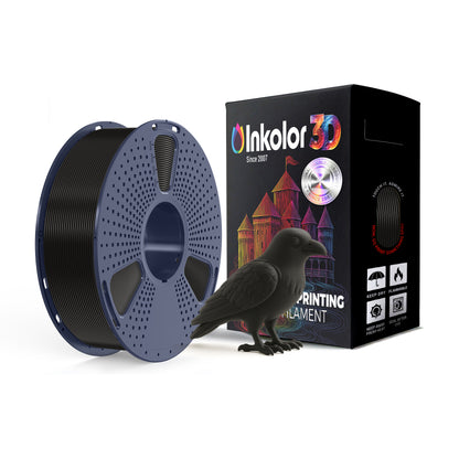 Inkolor PLA Schwarz Filament 1.75mm 1Kg 3D-Druck Filament spool and packaging with crow decoration, deep black color