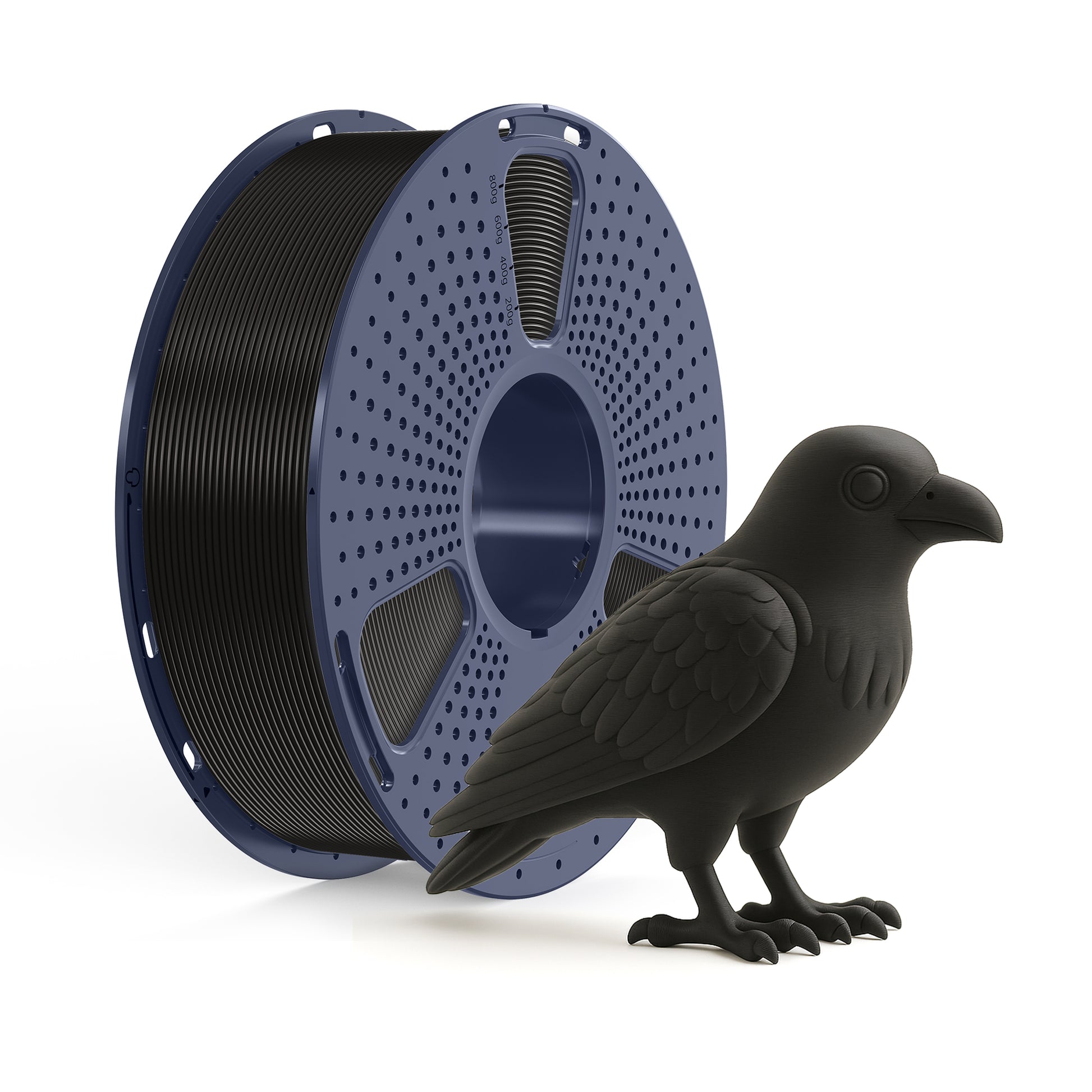 Inkolor PLA Schwarz Filament 1.75mm 1Kg 3D-Druck Filament spool with a detailed black raven model on top.