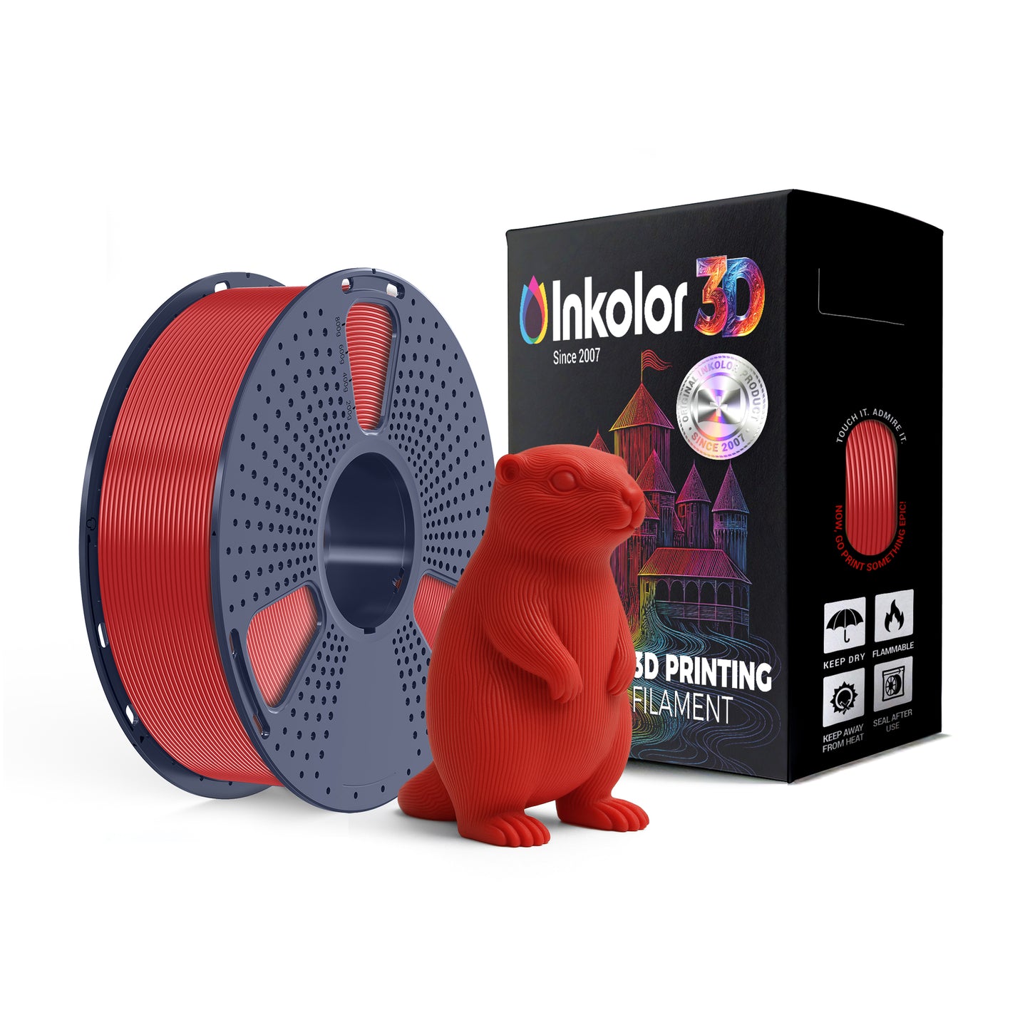 Inkolor PLA Rot Filament 1.75mm 1Kg 3D-Druck Filament next to toy figure and packaging