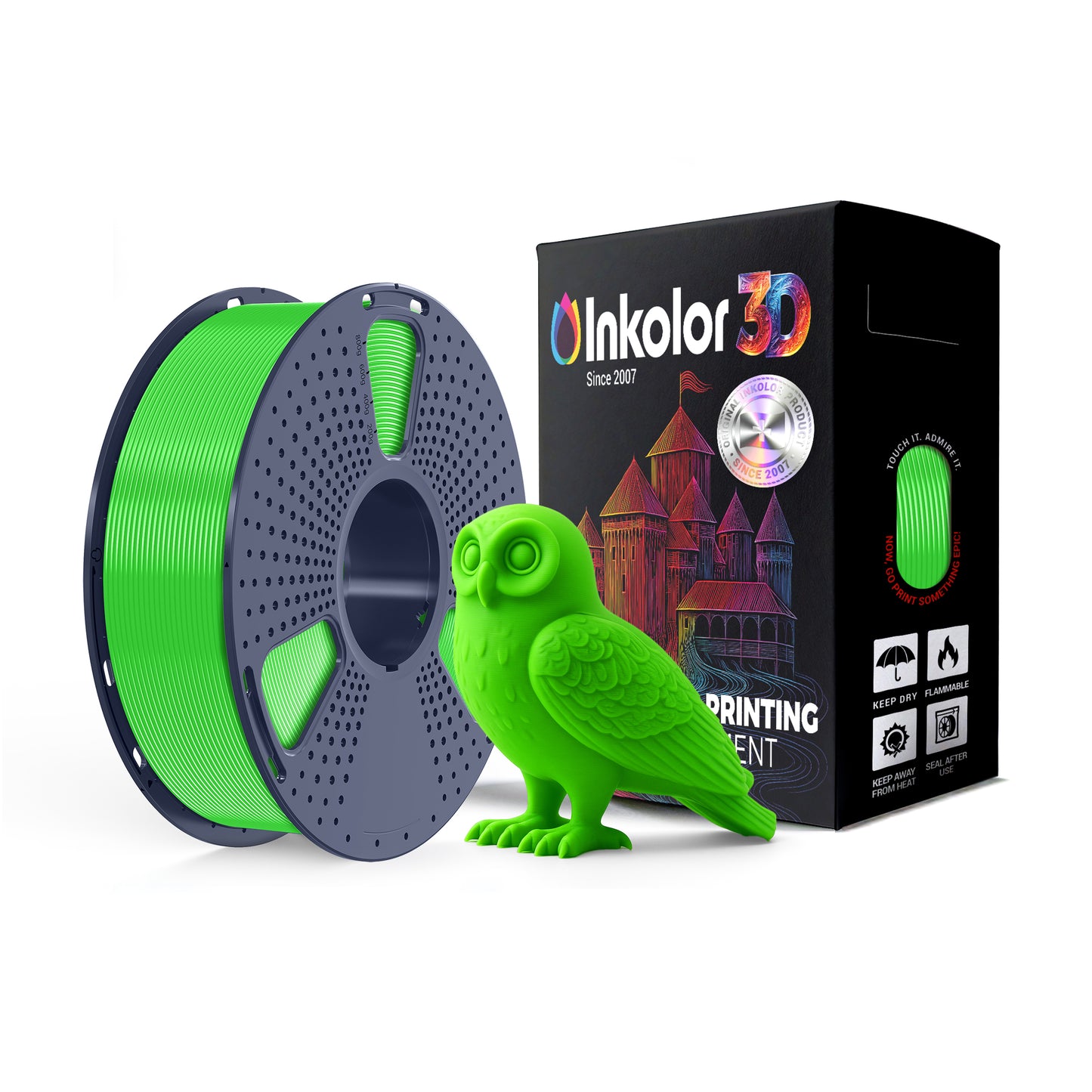 Inkolor PLA Grün Filament 1.75mm 1Kg 3D-Druck Filament neben 3D-gedruckter grüner Eule und Verpackung
