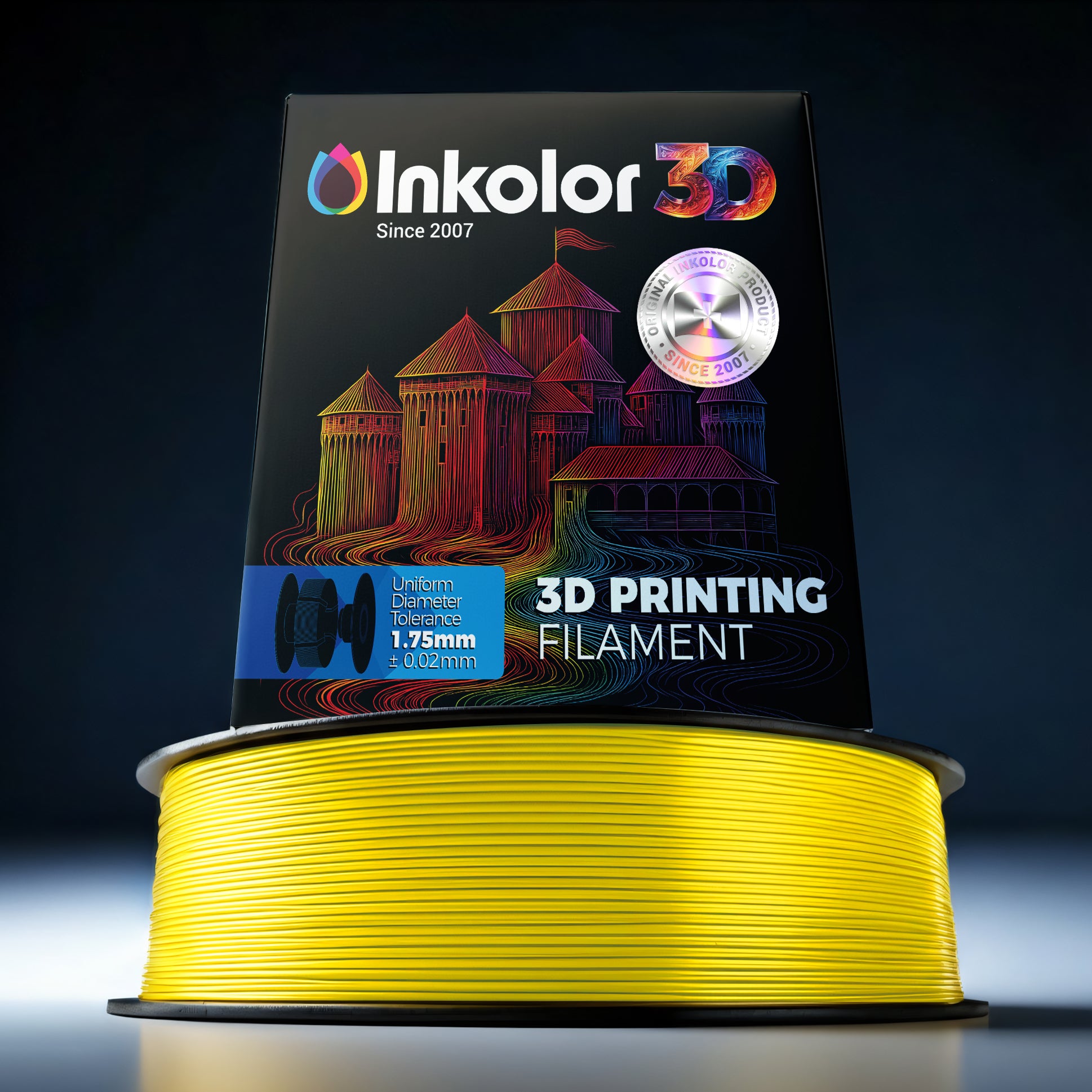 Inkolor PLA Gelb Filament 1.75mm 1Kg 3D-Druck Filament on spool with vibrant yellow color for 3D printing projects.