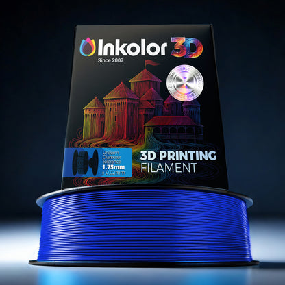 Inkolor PLA+ Blau Filament 1.75mm 1Kg 3D-Druck Filament on spool, showcasing vibrant blue color and packaging.