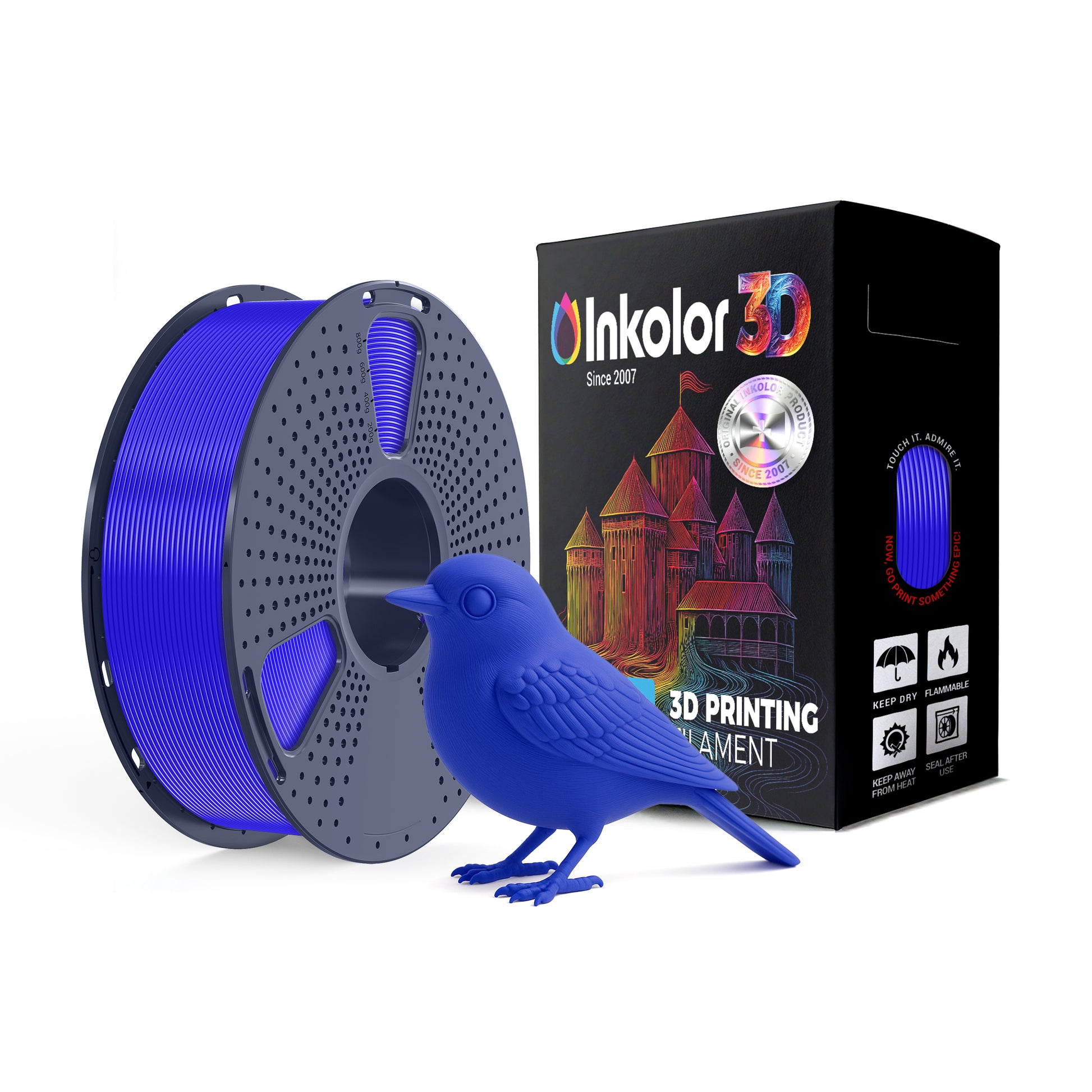 Inkolor PLA+ Blau Filament 1.75mm 1Kg 3D-Druck Filament with spool and bird model