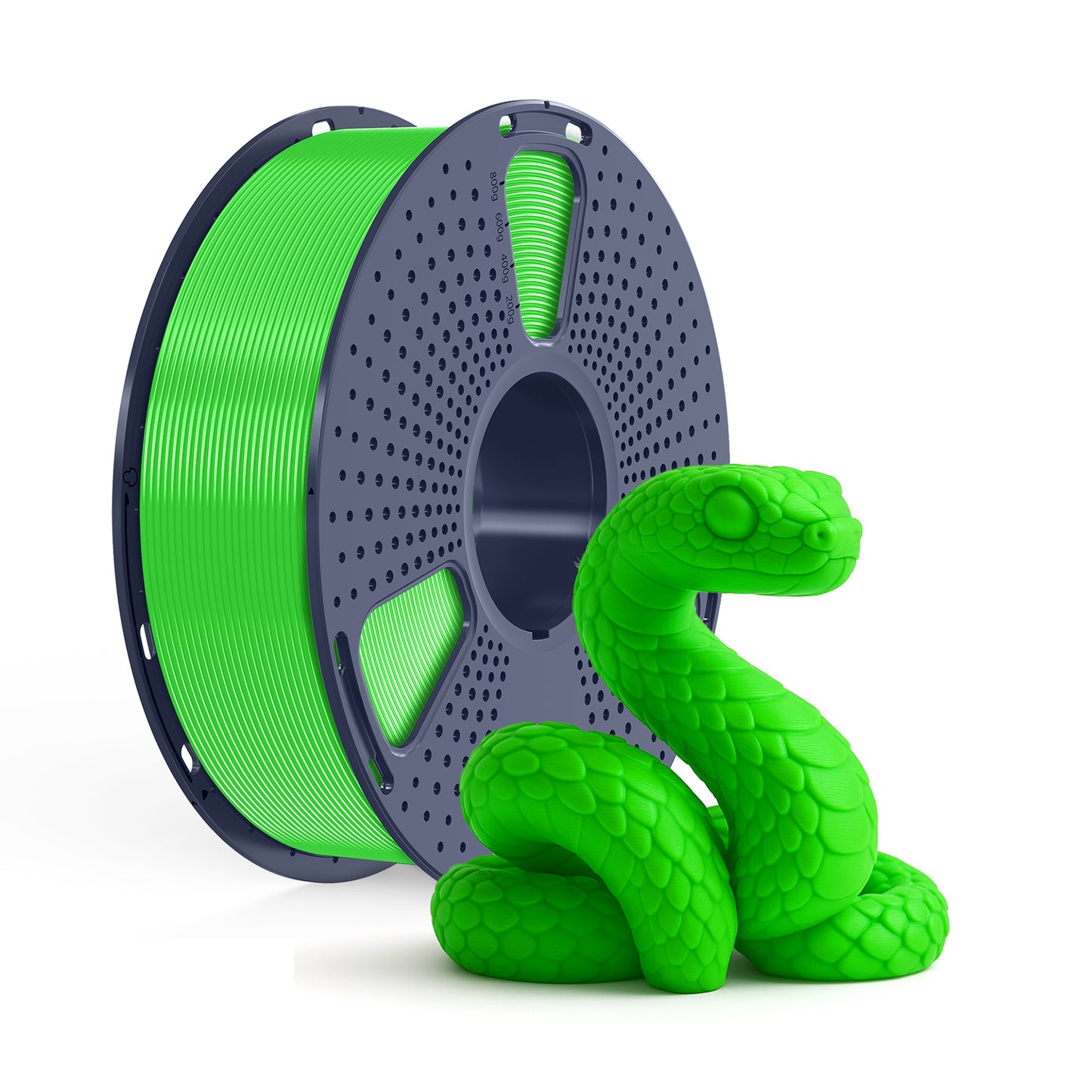 Inkolor PLA+ Grün Filament 1.75mm 1Kg 3D-Druck Filament neben 3D-gedruckter grüner Schlange auf weißem Hintergrund.