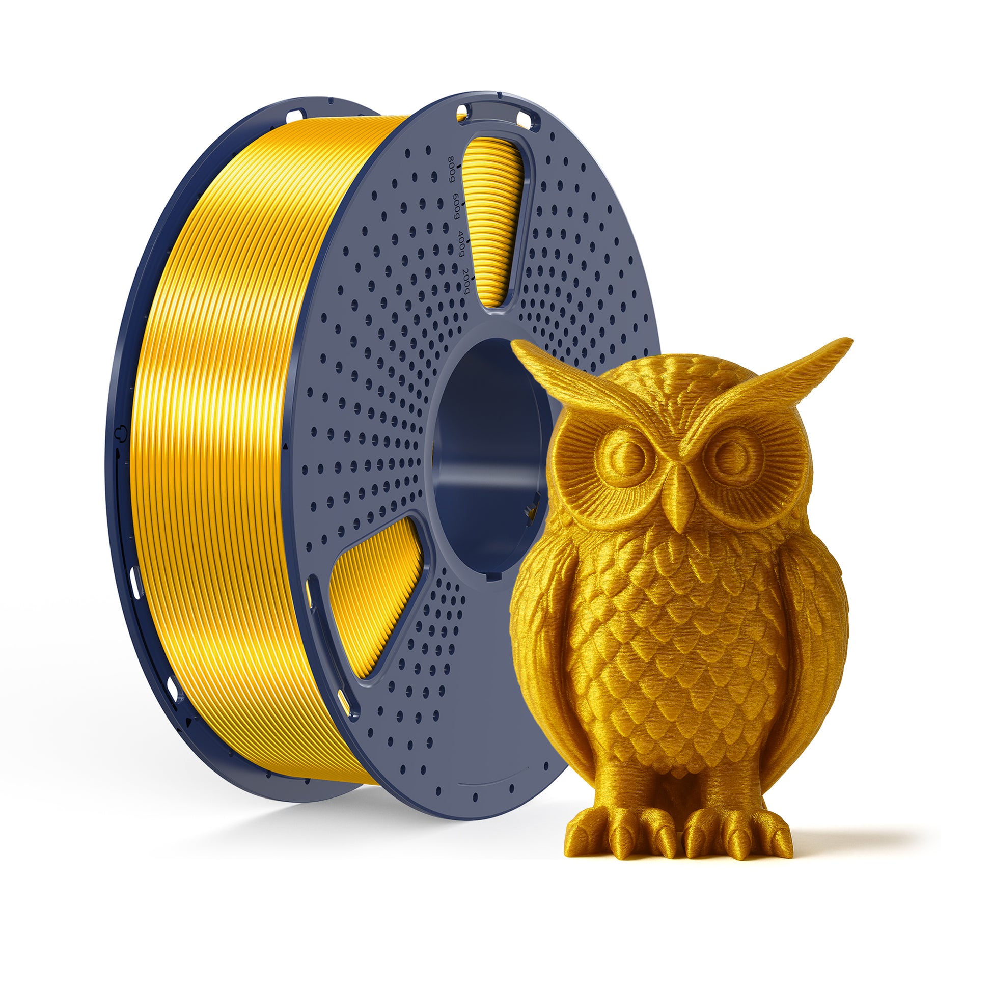 Inkolor Silk PLA+ Gold Filament 1.75mm 1Kg 3D-Druck Filament with an owl statue showcasing metallic finish.