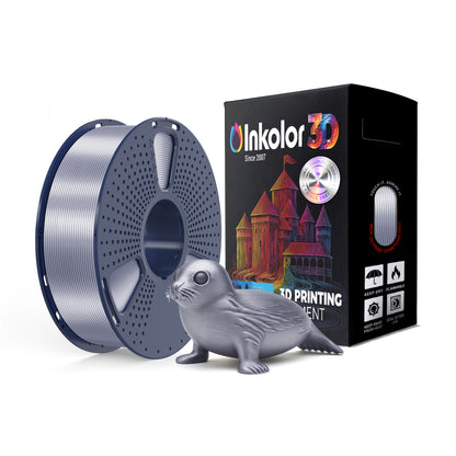 Inkolor Silk PLA+ Silber Filament 1.75mm 1Kg 3D-Druck Filament spool with a metallic seal figurine and packaging box.