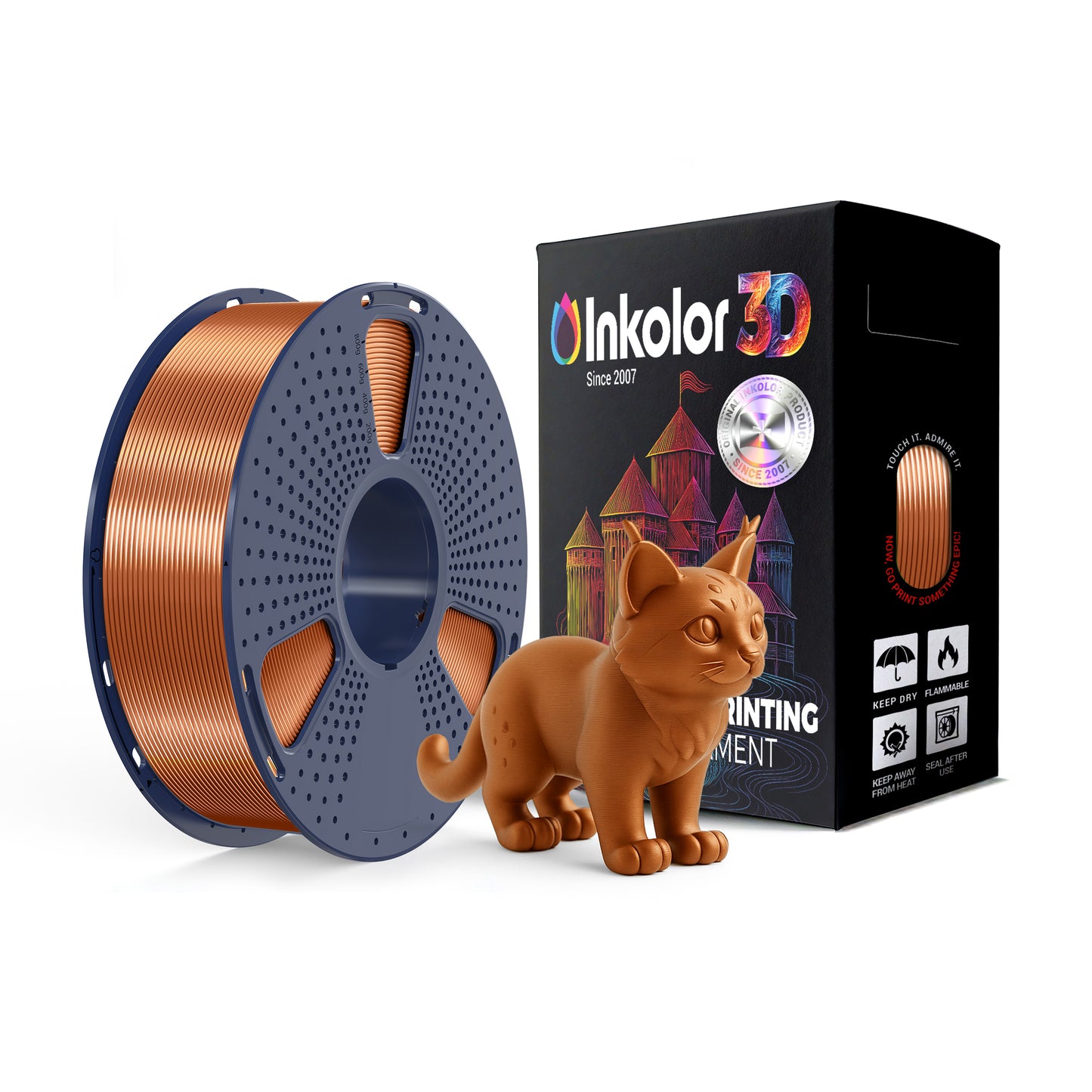 Inkolor Silk PLA+ Rot Kupfer Filament 1.75mm 1Kg 3D-Druck Filament with printed cat model and packaging
