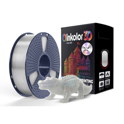 Inkolor PETG Transparent Filament 1.75mm 1Kg 3D-Druck Filament next to a printed model and packaging box.
