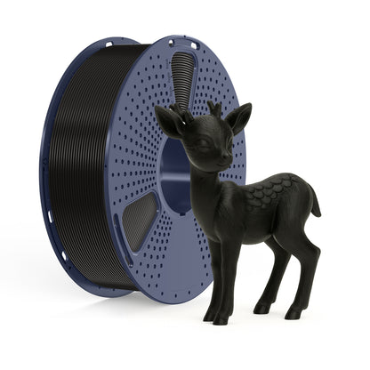 Spool of Inkolor ABS Schwarz Filament 1.75mm 1Kg with 3D-printed black deer, ideal for technical prototypes and tools.