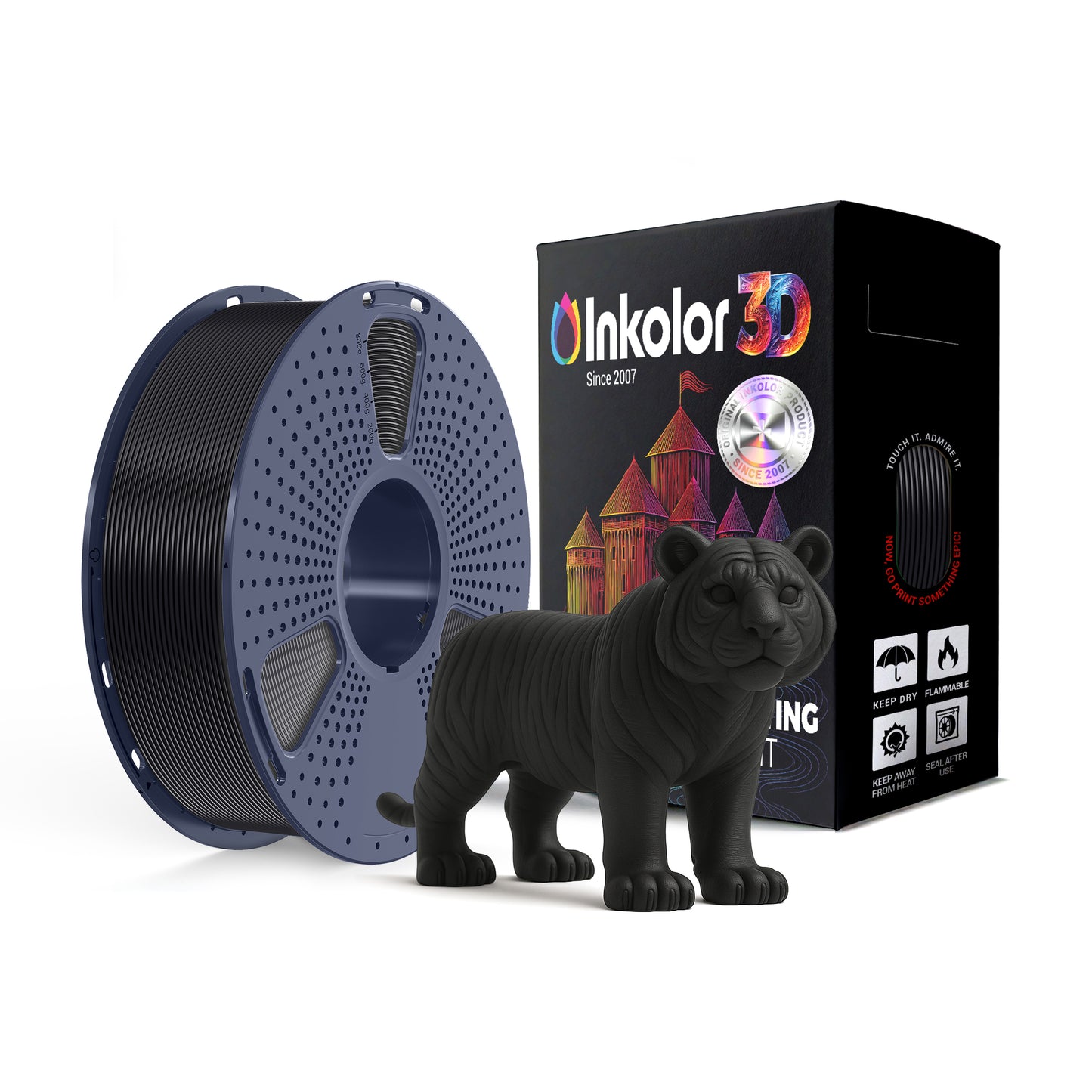 Inkolor ASA Schwarz Filament 1.75mm 1Kg 3D-Druck Filament next to printed black tiger and packaging box.