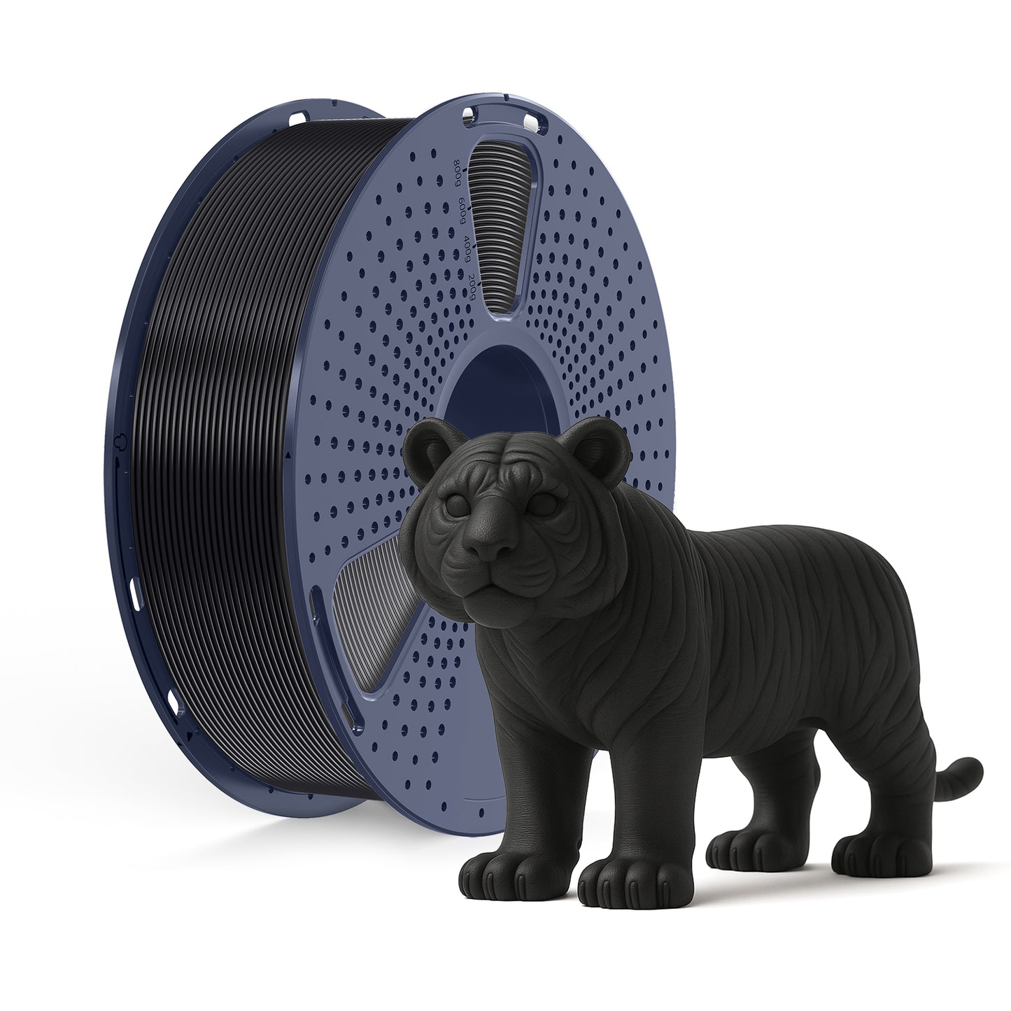 Inkolor ASA Schwarz Filament 1.75mm 1Kg 3D-Druck Filament with black filament spool and 3D-printed black tiger model beside it