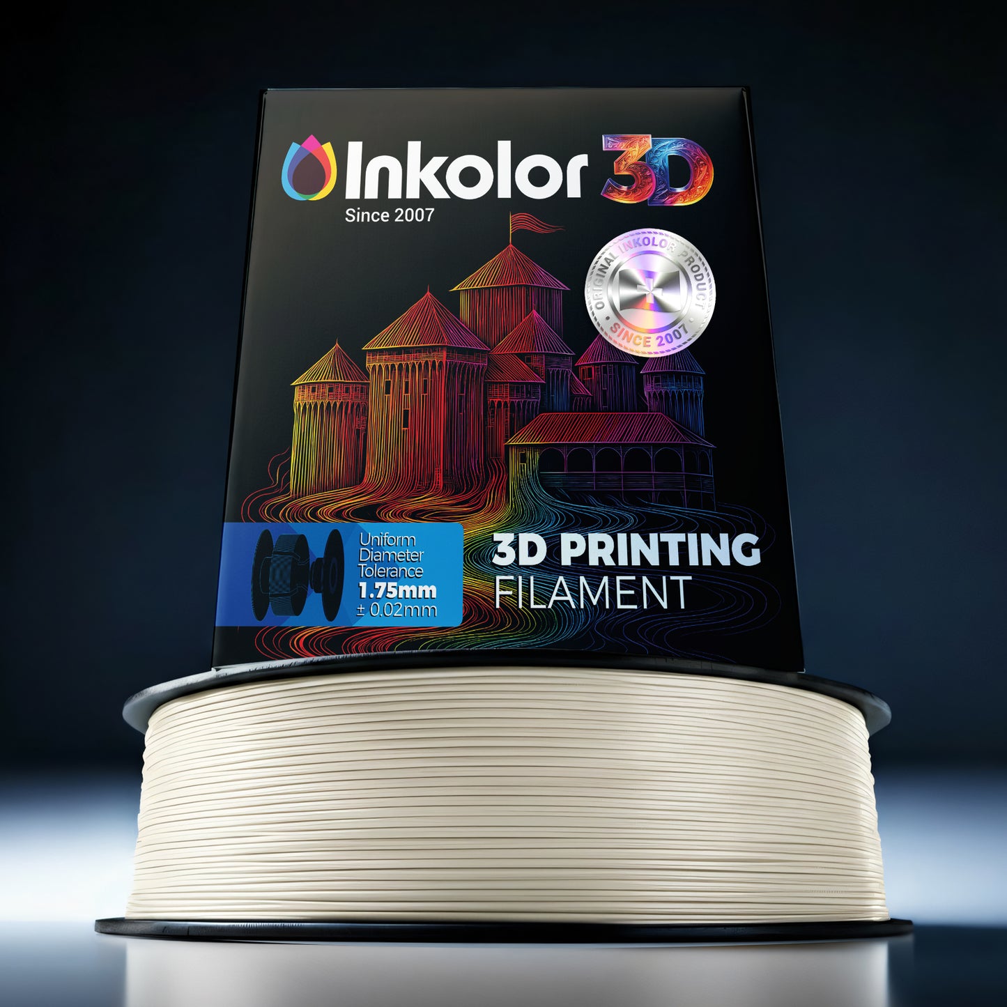 Inkolor TPU95A Weiss Filament 1.75mm 1Kg 3D-Druck Filament spool showcasing smooth, flexible and durable design for 3D printing.
