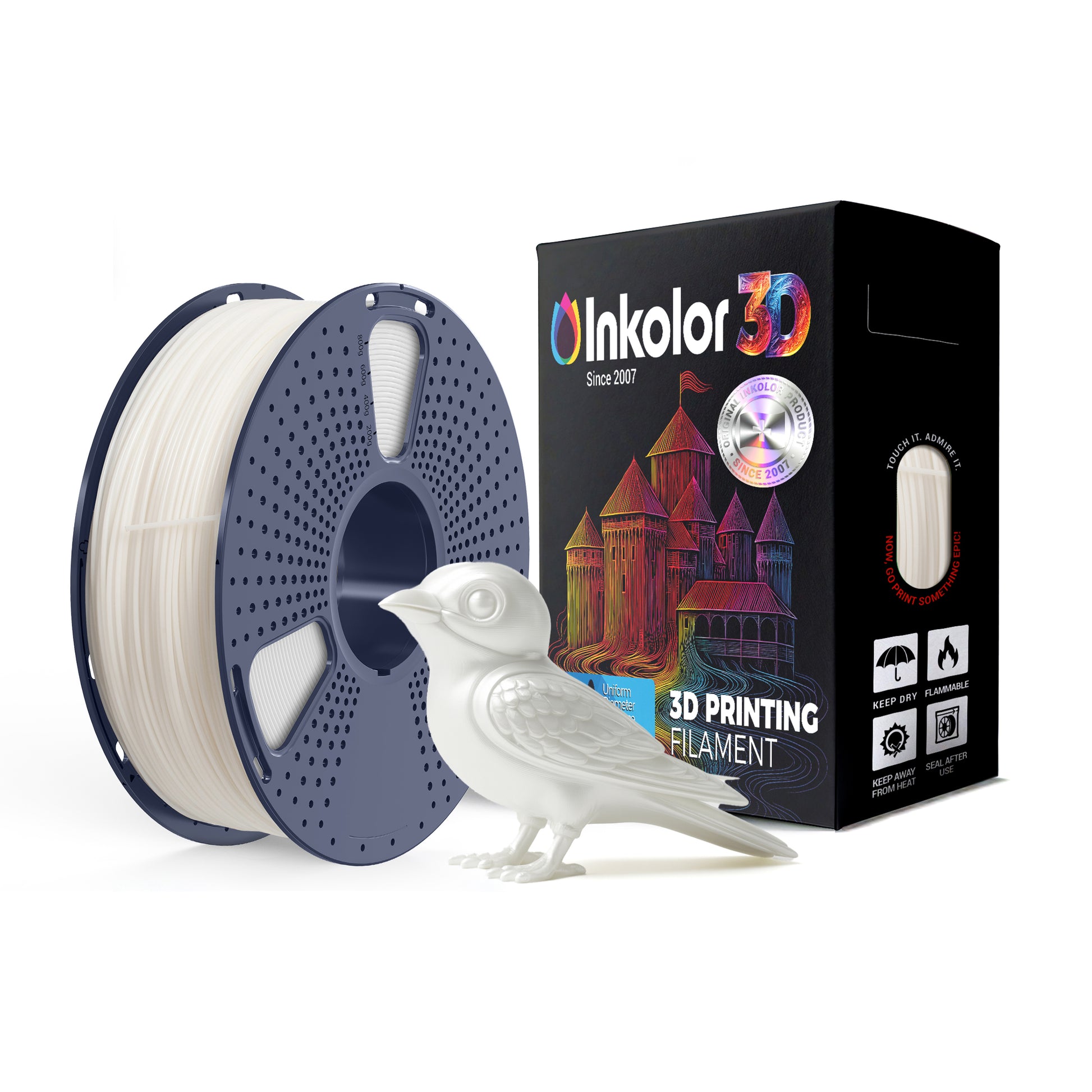 Inkolor TPU95A Weiss Filament 1.75mm 1Kg 3D-Druck Filament with bird model and packaging