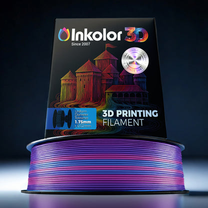 Inkolor Silk PLA+ Regenbogen Filament 1.75mm 1Kg 3D-Druck Filament with vibrant color transitions on display.